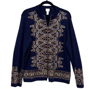 Chicos Demitria Cardigan‎ Size 2 or Large Navy Gold Embellished Beaded Dramatic